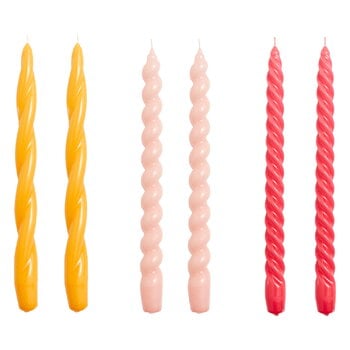 Candles, Long twist candles, set of 6, yellow - rose - raspberry, Multicolour